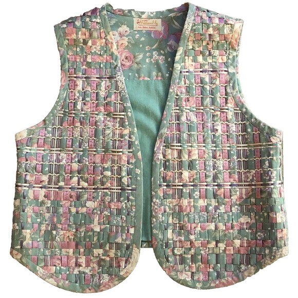 Handmade Patchwork Ribbon Vest Womens Sz M VTG Floral Pastel Green Pink Cottage - Picture 1 of 10